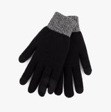 Totes Toasties STRETCH KNITTED SMARTOUCH Mens Gloves Black, top view showcasing textured cuff and sleek black design.