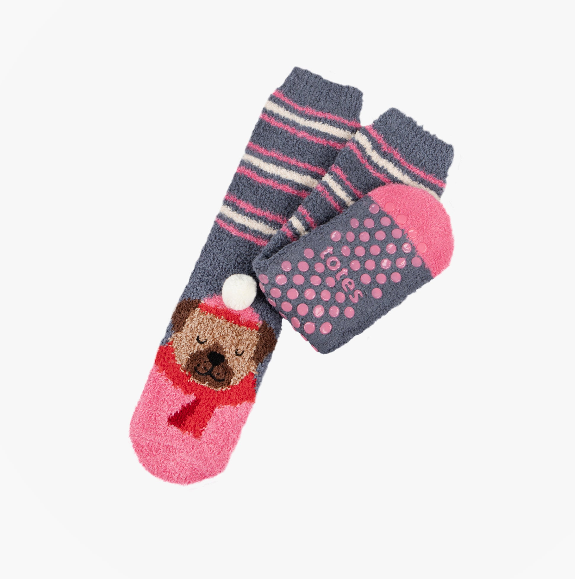 Totes Toasties NOVELTY SUPER SOFT SLIPPER SOCKS Womens Socks Dog front view showcasing colorful dog design and slip-resistant bottom.