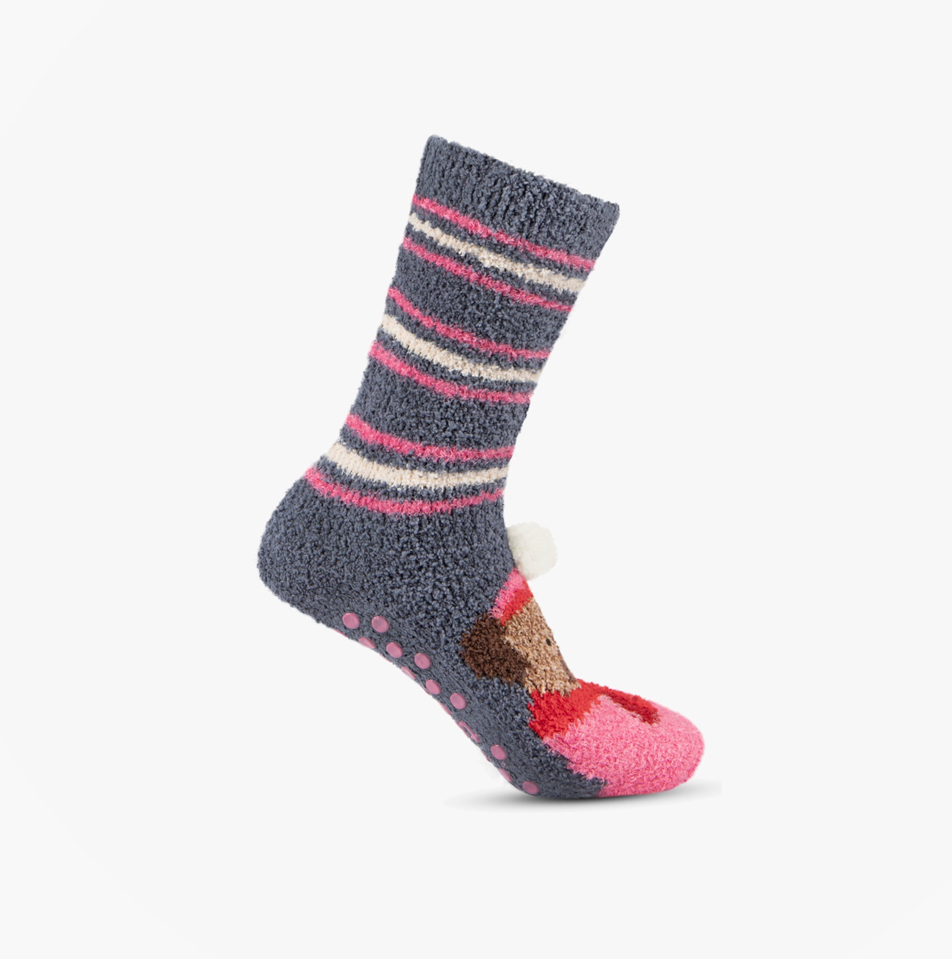 Totes Toasties NOVELTY SUPER SOFT SLIPPER SOCKS Womens Socks Dog side view with colorful stripes and dog design.