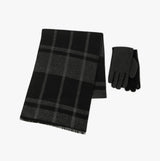 Totes Toasties 3412 WOOL BLEND CHECK SCARF & THERMAL LINED GLOVES GIFT SET Mens Winter Black flat lay view.