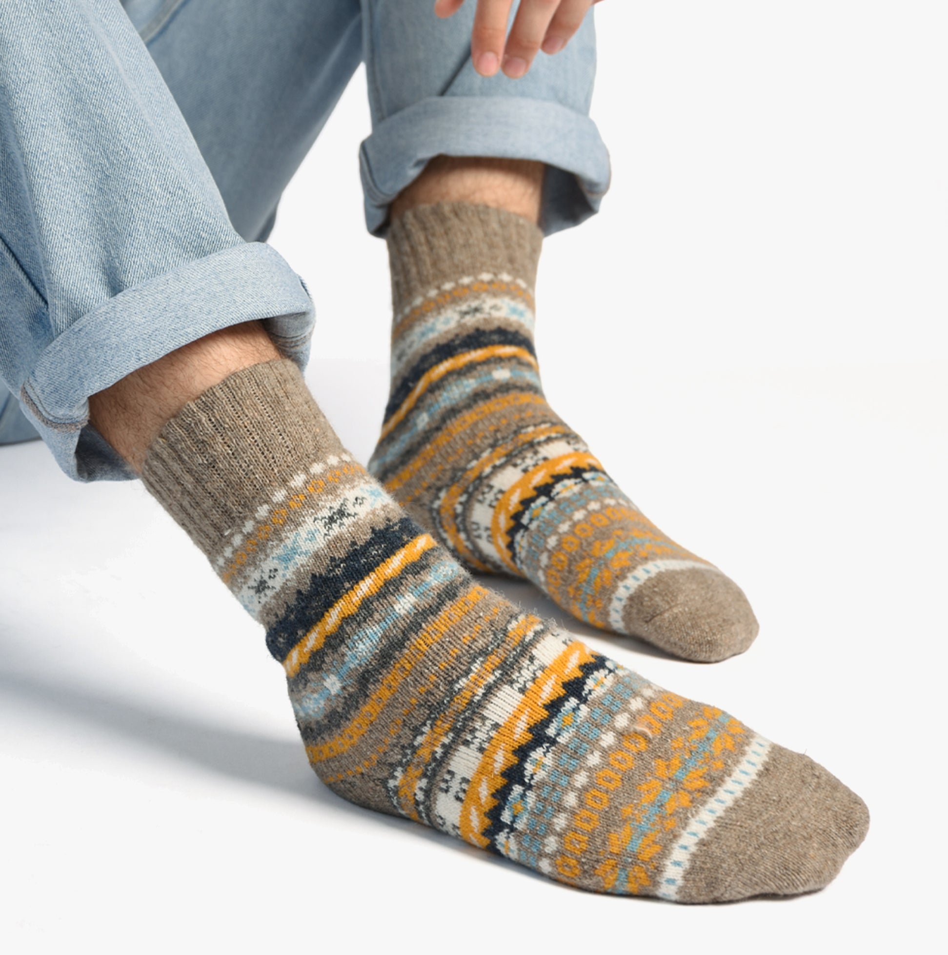 Totes Toasties WOOL BLEND FAIR ISLE SLIPPERS SOCKS (Twin Pack) Mens Socks Multi side view of socks with Fair Isle design and colors.