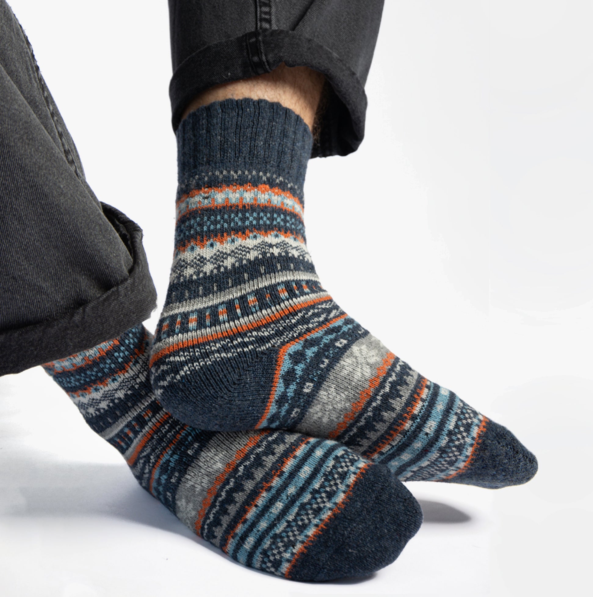 Totes Toasties WOOL BLEND FAIR ISLE SLIPPERS SOCKS (Twin Pack) Mens Socks Multi, detail view of socks styled in Fair Isle design.