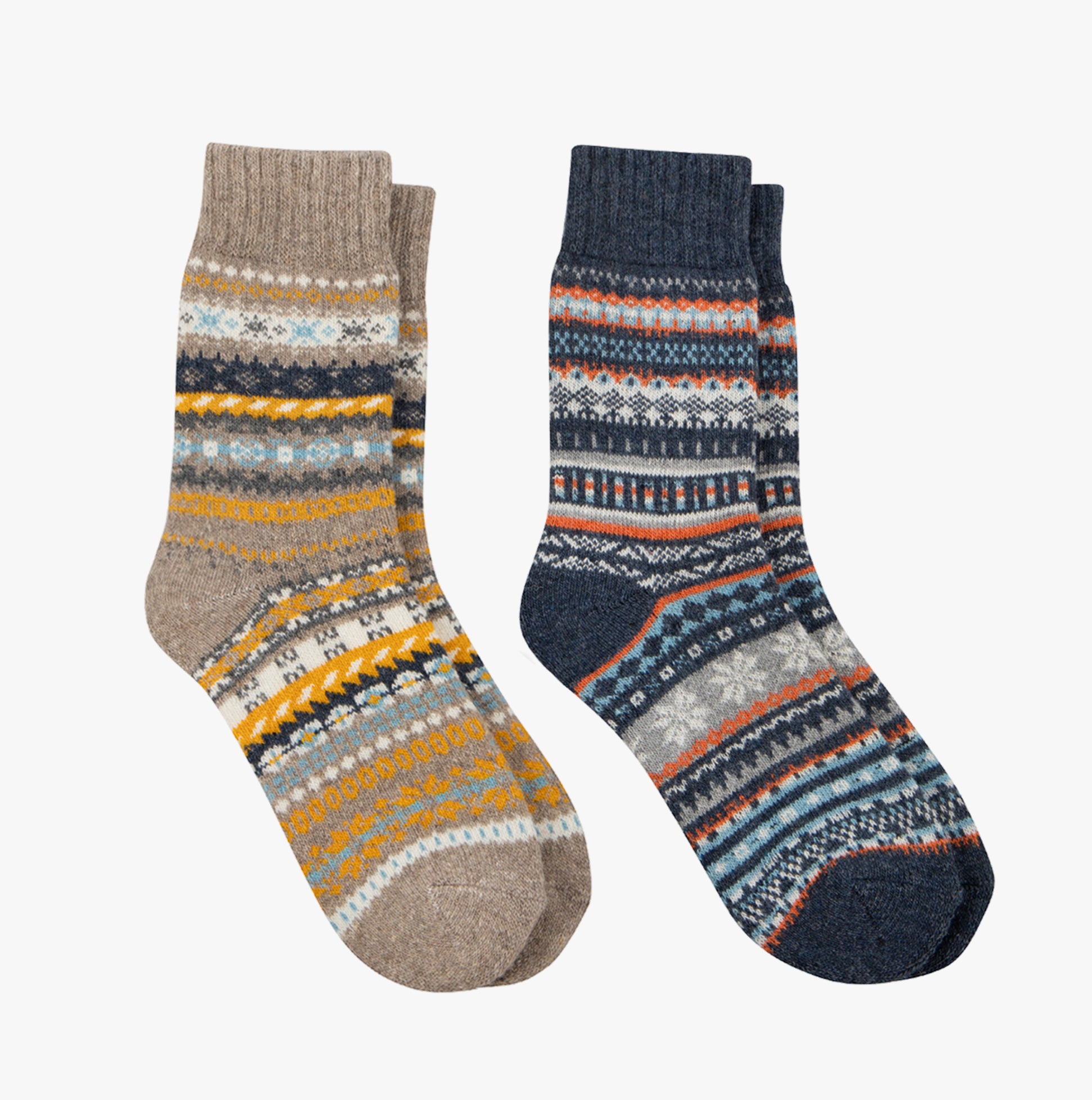 Totes Toasties WOOL BLEND FAIR ISLE SLIPPERS SOCKS (Twin Pack) Mens Socks Multi, side view featuring two colorful Fair Isle designs.