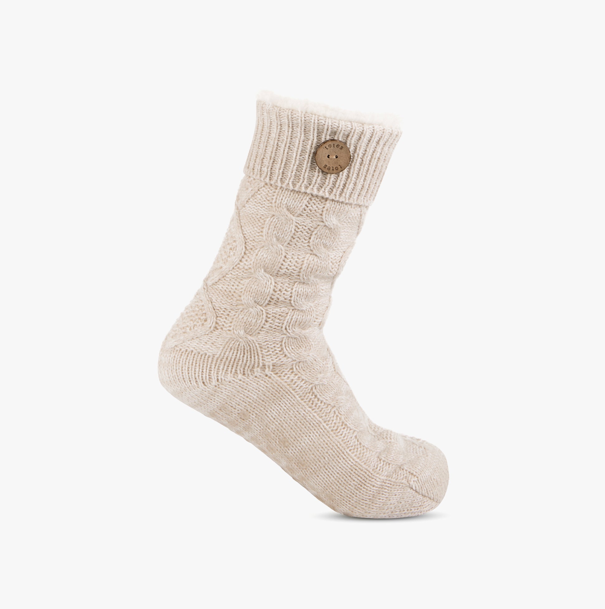 Totes Toasties TEXTURE SLIPPER SOCKS WITH BUTTON Womens Socks Biscuit side view with button detail and textured design.