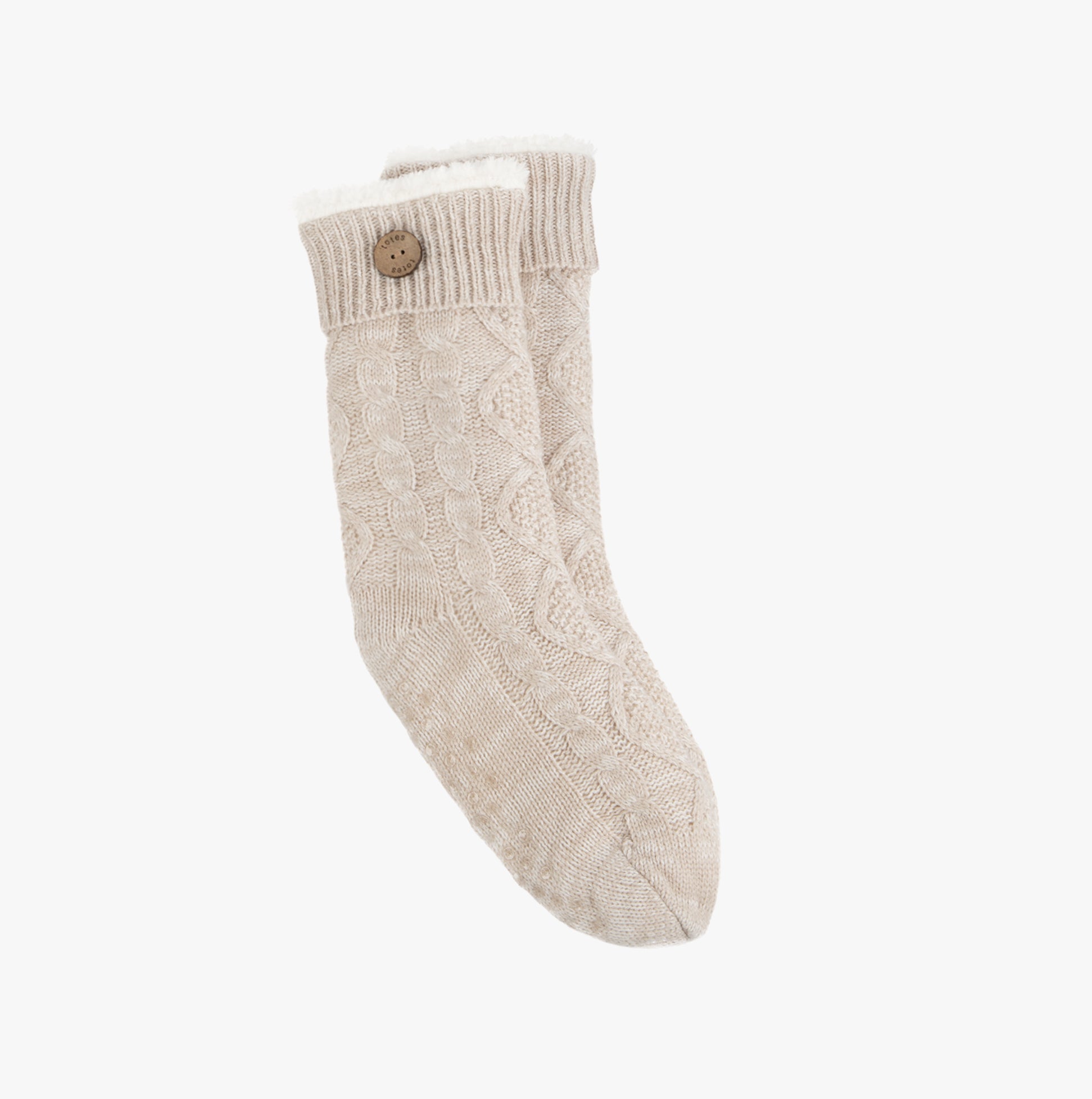 Totes Toasties TEXTURE SLIPPER SOCKS WITH BUTTON Womens Socks Biscuit side view of soft textured beige sock with button detail