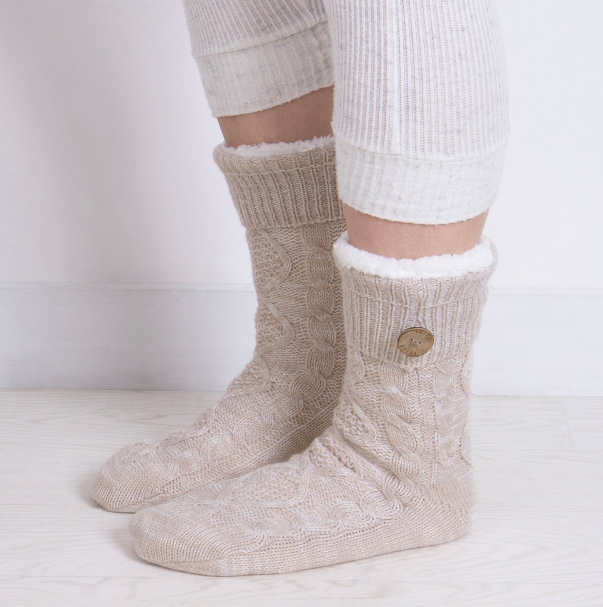 Totes Toasties TEXTURE SLIPPER SOCKS WITH BUTTON Womens Socks Biscuit side view showcasing the cozy texture and button detail.
