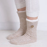 Totes Toasties TEXTURE SLIPPER SOCKS WITH BUTTON Womens Socks Biscuit side view showcasing the cozy texture and button detail.