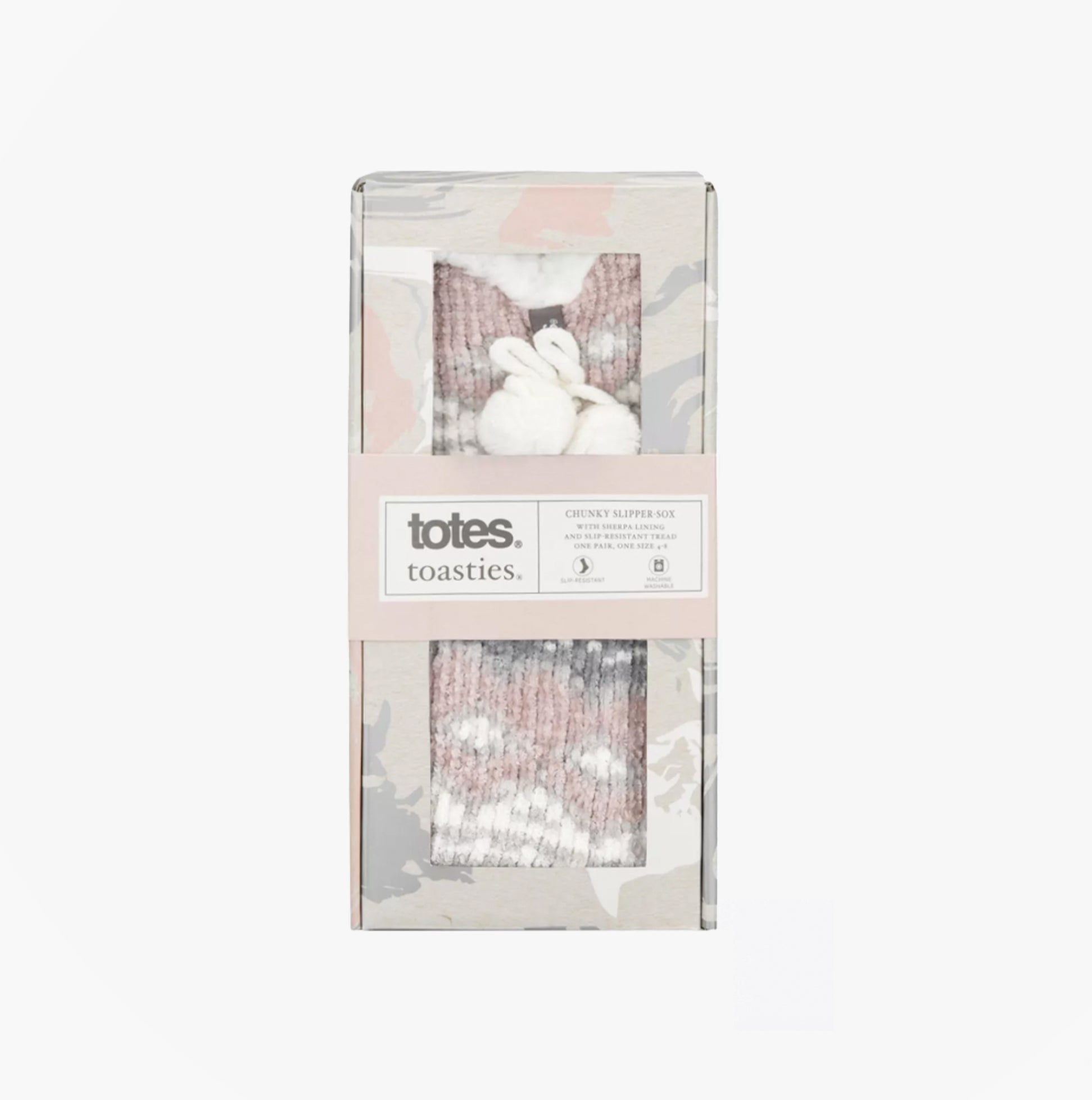 Totes Toasties TEXTURE SLIPPER SOCKS Womens Socks Pink Mix packaged in gift box, side view, showcasing the textured design.
