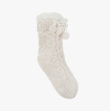 Totes Toasties LUXURY CHUNKY KNIT SLIPPER-SOX WITH TASSEL TRIM Womens Socks Cream side view with pom-poms and chunky knit design.