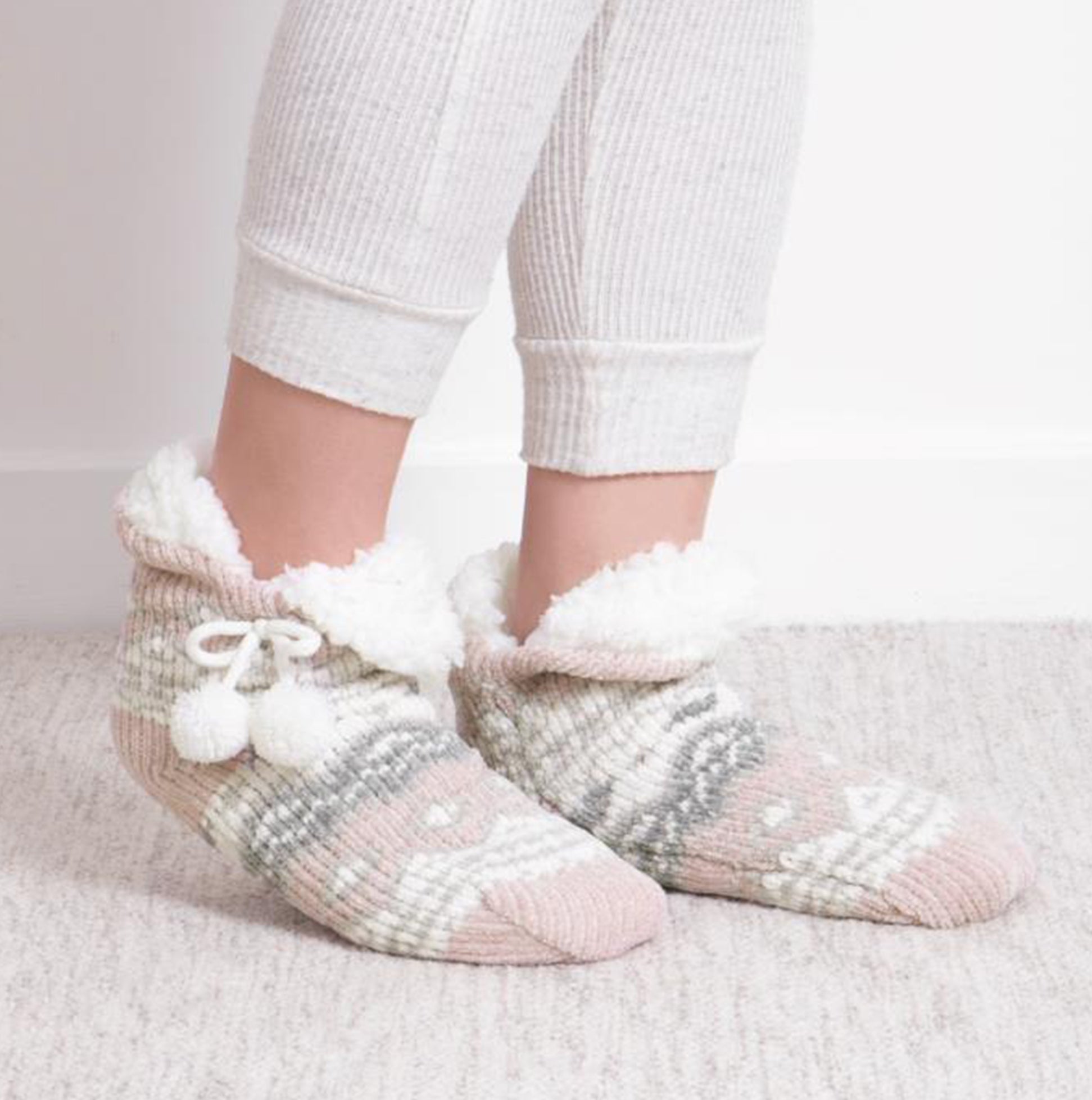 Totes Toasties CHENILLE CROP KNITTED SLIPPER SOCKS Womens Socks Multi front view with cozy sherpa lining and decorative pom poms