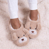 Totes Toasties NOVELTY BORG Slippers Womens Dog front view showcasing cozy bear design with soft beige fabric.