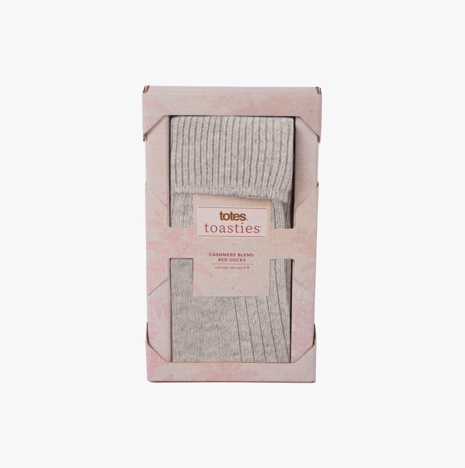 Totes Toasties CASHMERE BLEND Womens Socks Mink in gift box, front view showcasing soft ribbed texture.