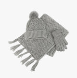 Totes Toasties KNITTED HAT SCARF & MITTEN GIFT SET Womens Grey front view showing hat, scarf, and mittens.