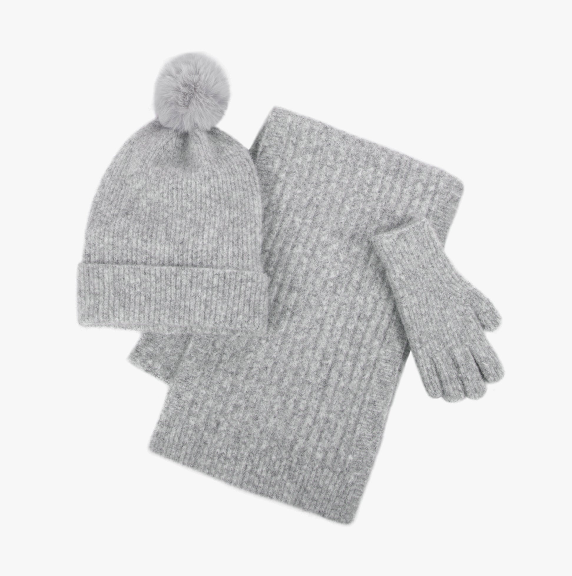 Totes Toasties KNITTED HAT SCARF & GLOVE GIFT SET Womens Grey shown in detail view with beanie, scarf, and gloves.