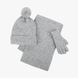 Totes Toasties KNITTED HAT SCARF & GLOVE GIFT SET Womens Grey shown in detail view with beanie, scarf, and gloves.