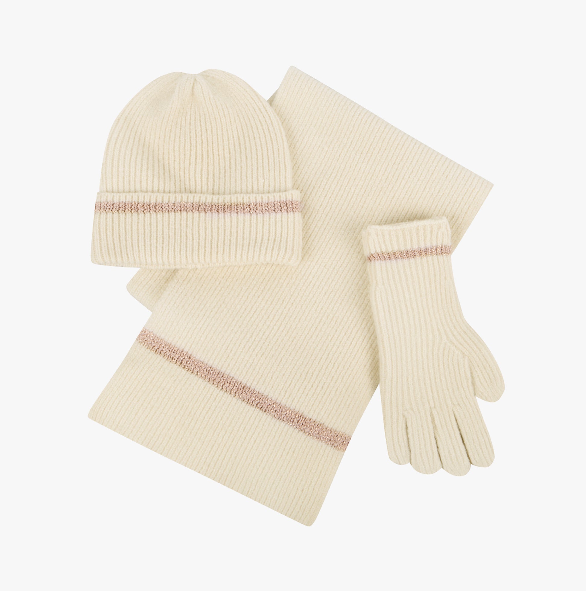 Totes Toasties KNITTED HAT SCARF & GLOVE GIFT SET Womens Oat front view with beanie, scarf, and gloves displayed.