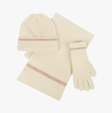 Totes Toasties KNITTED HAT SCARF & GLOVE GIFT SET Womens Oat front view with beanie, scarf, and gloves displayed.