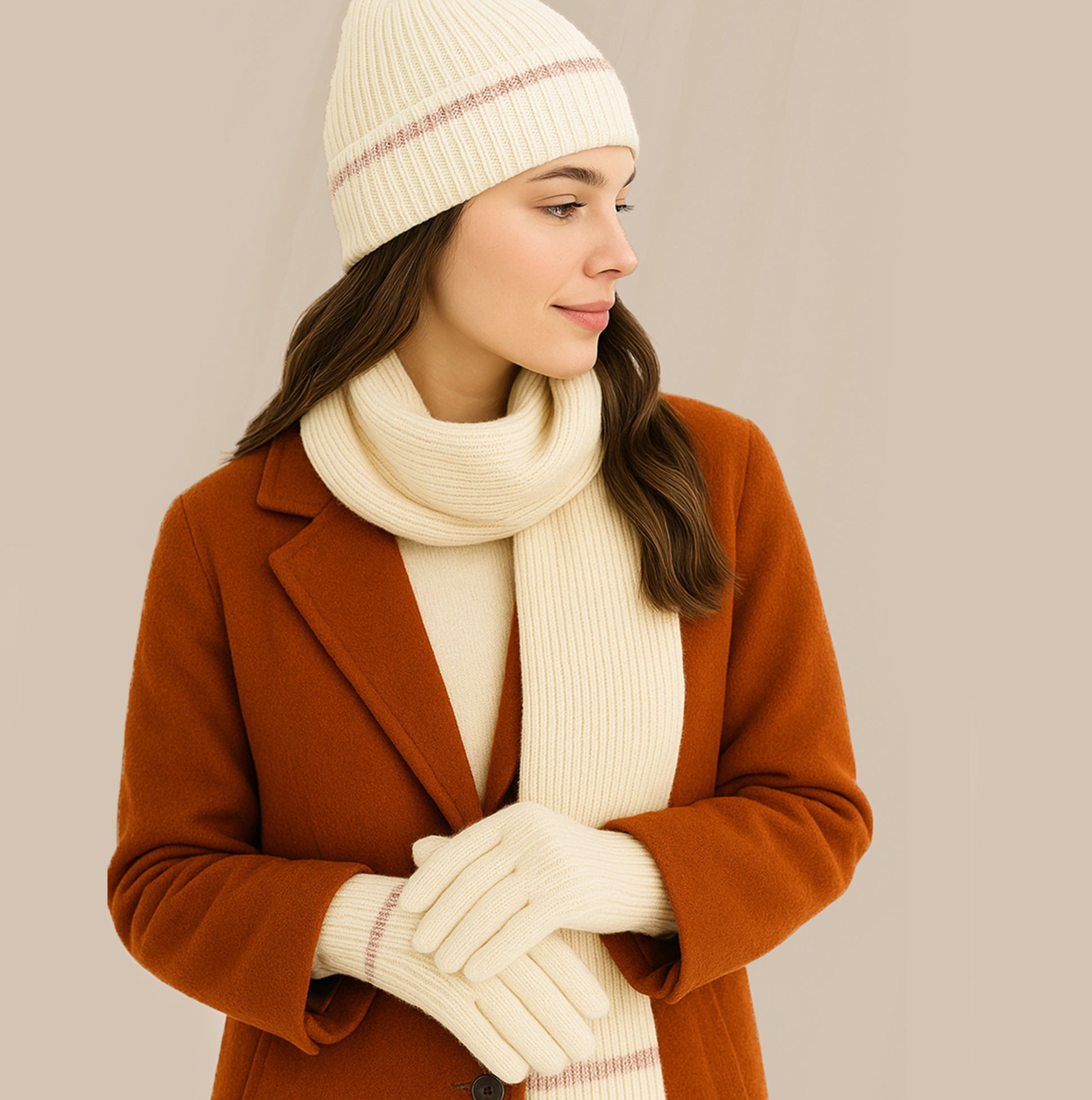 Totes Toasties KNITTED HAT SCARF & GLOVE GIFT SET Womens Oat front view worn by model in warm coat.