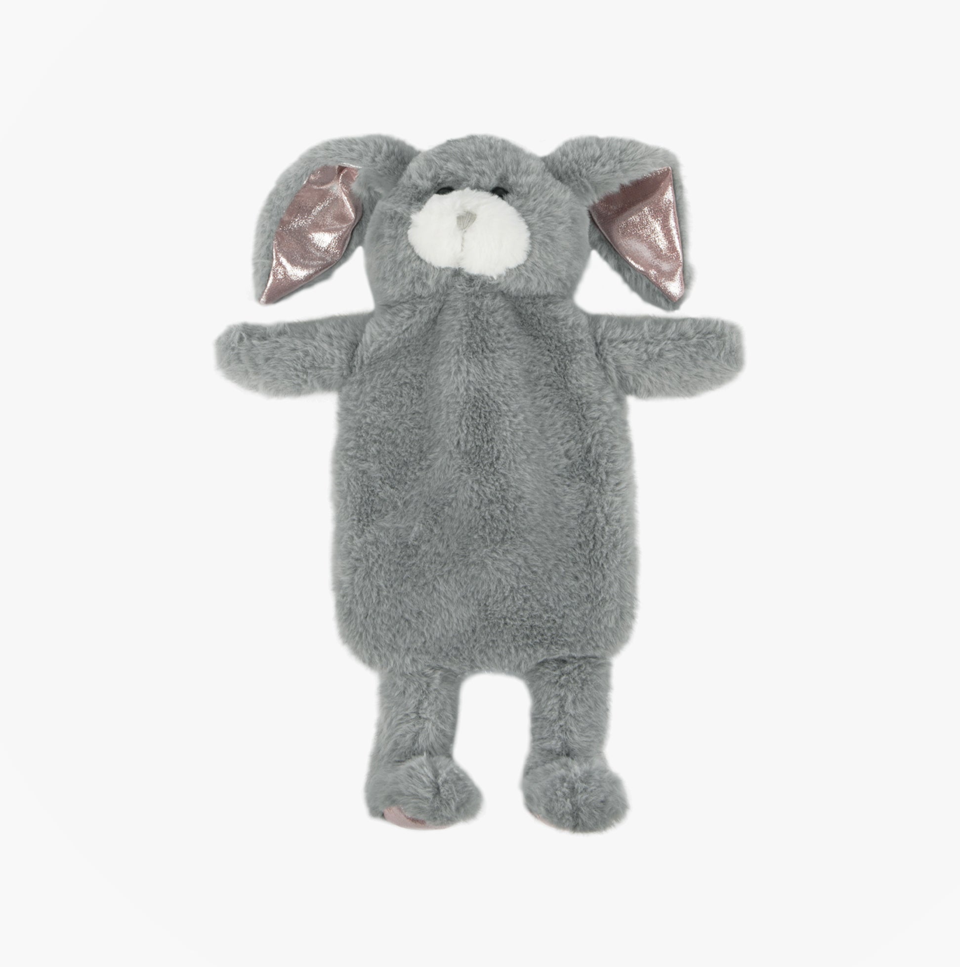 Totes Toasties NOVELTY HOT WATER BOTTLE Bunny front view with a soft gray plush cover and cute floppy ears.