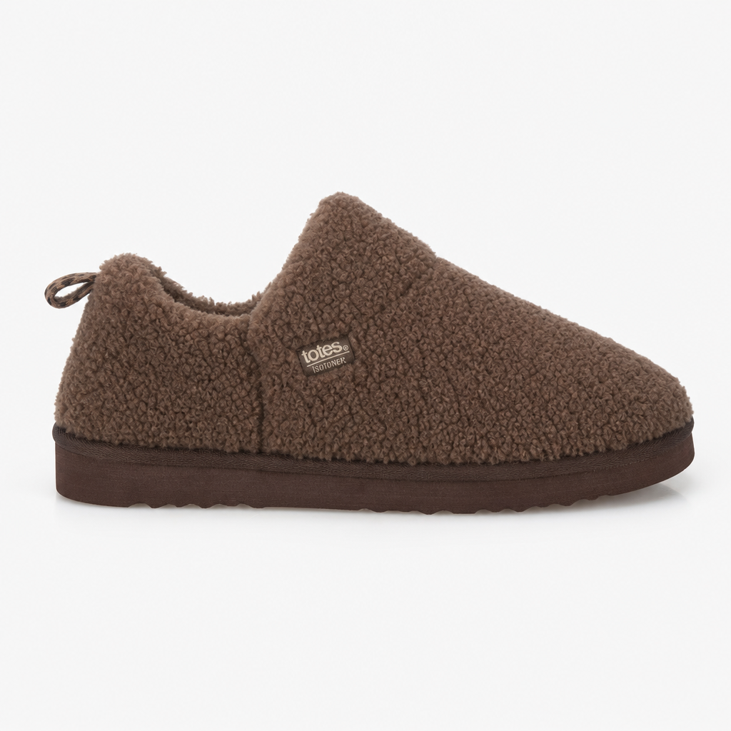 Totes Isotoner BORG BOOTIE WITH BACK TAPE DETAIL Womens Slipper Boots Brown