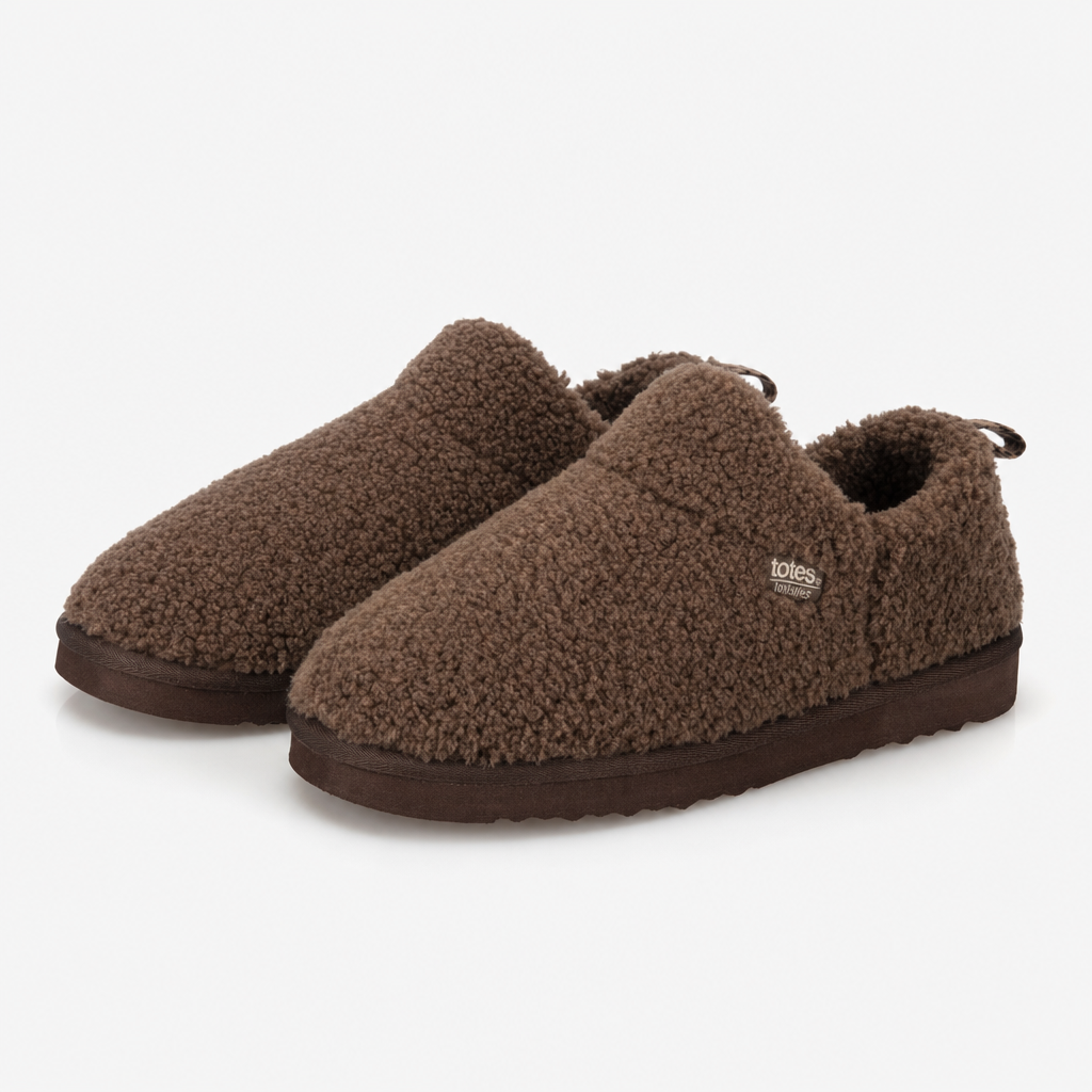 Totes Isotoner BORG BOOTIE WITH BACK TAPE DETAIL Womens Slipper Boots Brown