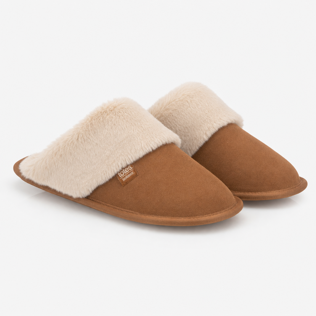 Totes Isotoner SUEDE MULE SLIPPER WITH FUR CUFF Womens Mules Tan