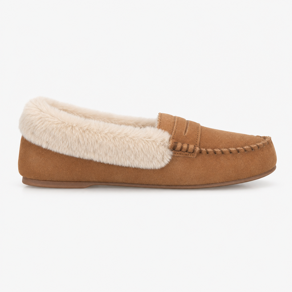 Totes Isotoner FUR LINED SUEDE MOCCASIN SLIPPER WITH KEEPER TAB Womens Moccasins Tan