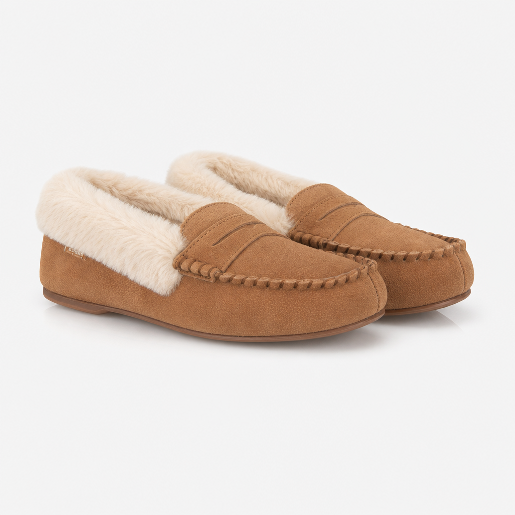 Totes Isotoner FUR LINED SUEDE MOCCASIN SLIPPER WITH KEEPER TAB Womens Moccasins Tan