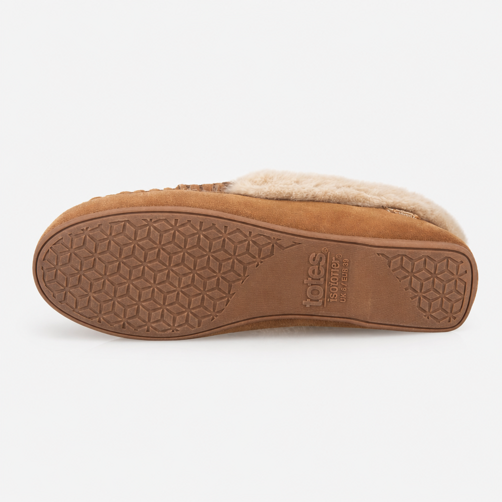 Totes Isotoner FUR LINED SUEDE MOCCASIN SLIPPER WITH KEEPER TAB Womens Moccasins Tan