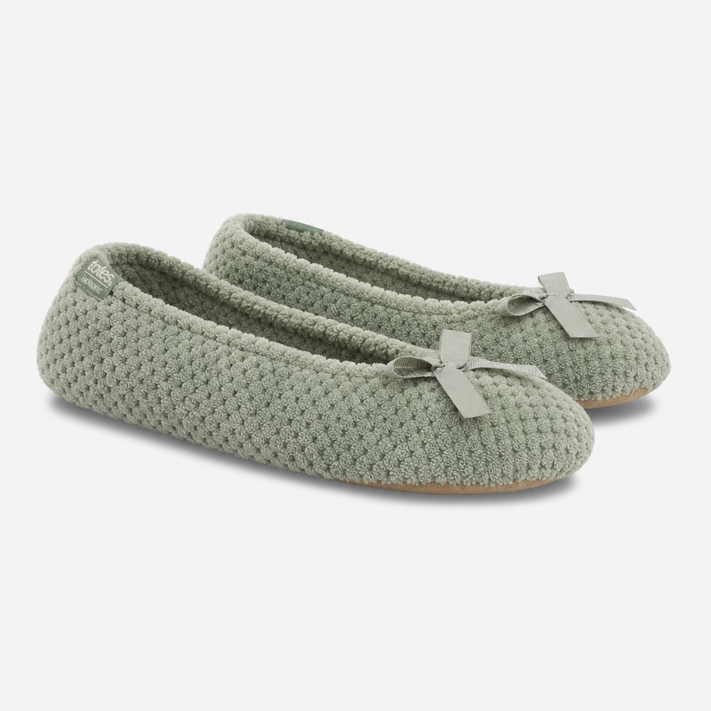 Totes Isotoner POPCORN TERRY BALLET SLIPPER Womens Full Slippers Sage