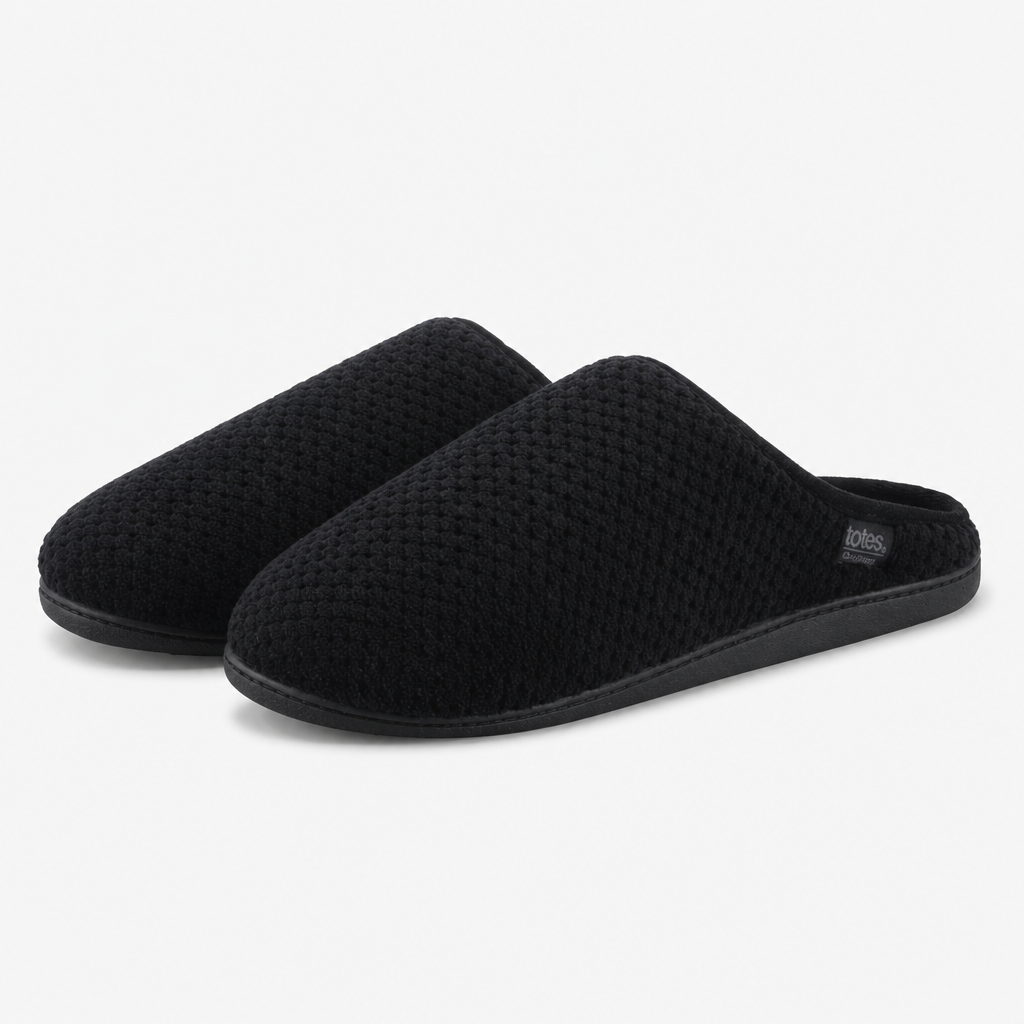 Totes Isotoner SWEPT BACK POPCORN MULE SLIPPER Mens Mules Black