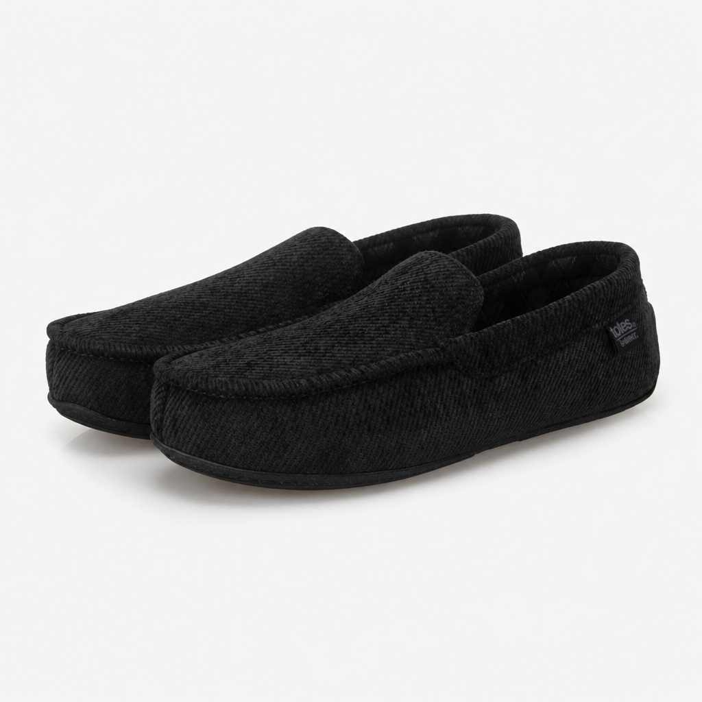 Totes Isotoner SOFT CORD MOCCASIN SLIPPER Mens Moccasins Black