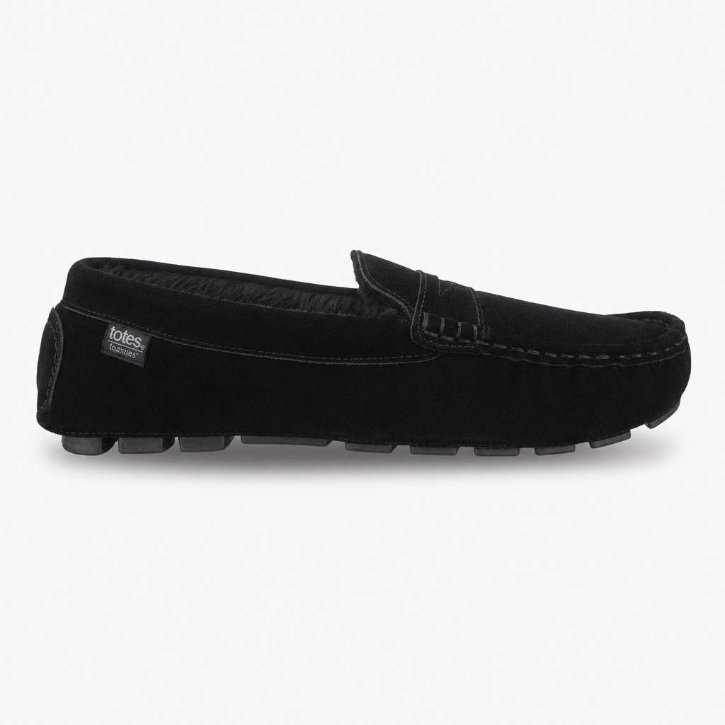 Totes Isotoner FUR LINED SUEDE MOCCASIN SLIPPER Mens Moccasins Black