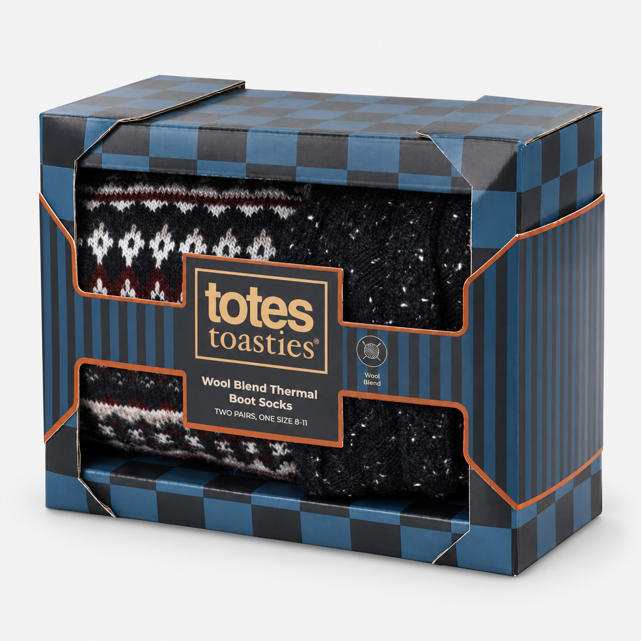 Totes Toasties WOOL BLEND THERMAL FAIR ISLE SOCKS (TWIN PACK) Mens Thermal Socks Navy Fair Isle