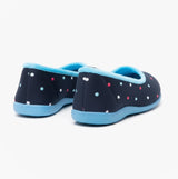 Sleepers ISLA Womens Full Slippers Blue/Turquoise rear view with colorful polka dots and rubber sole.