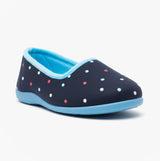 Sleepers ISLA Womens Full Slippers Blue/Turquoise side view with polka dots and blue trim