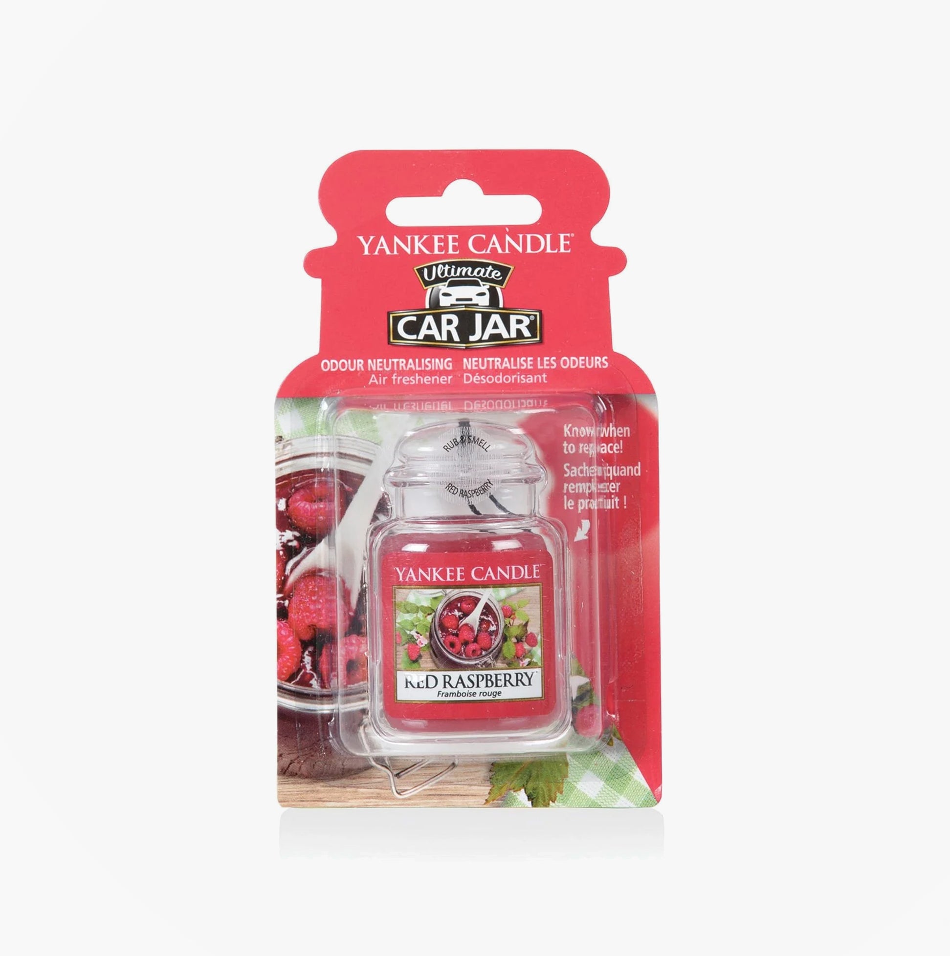 Yankee Candle Yankee Red Raspberry Signature Ultimate Car Jar front view with red raspberry design and packaging.