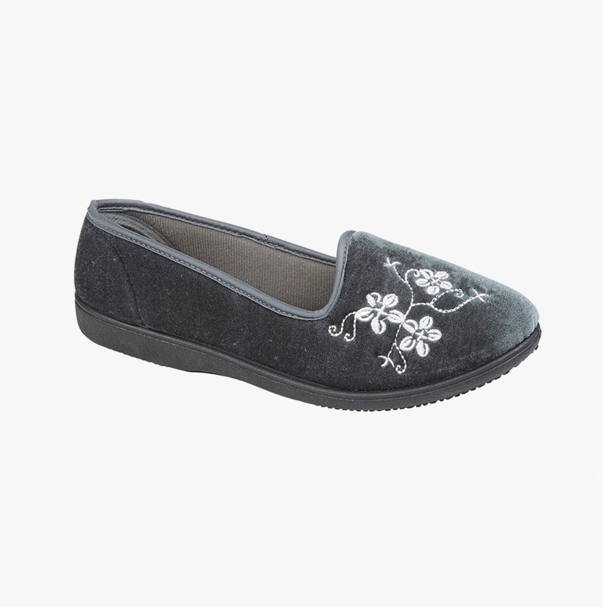 Zedzzz JENNY Womens Full Slippers Slippers Grey side view, featuring floral embroidery on a textile upper, flat PVC outsole.