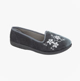 Zedzzz JENNY Womens Full Slippers Slippers Grey side view, featuring floral embroidery on a textile upper, flat PVC outsole.