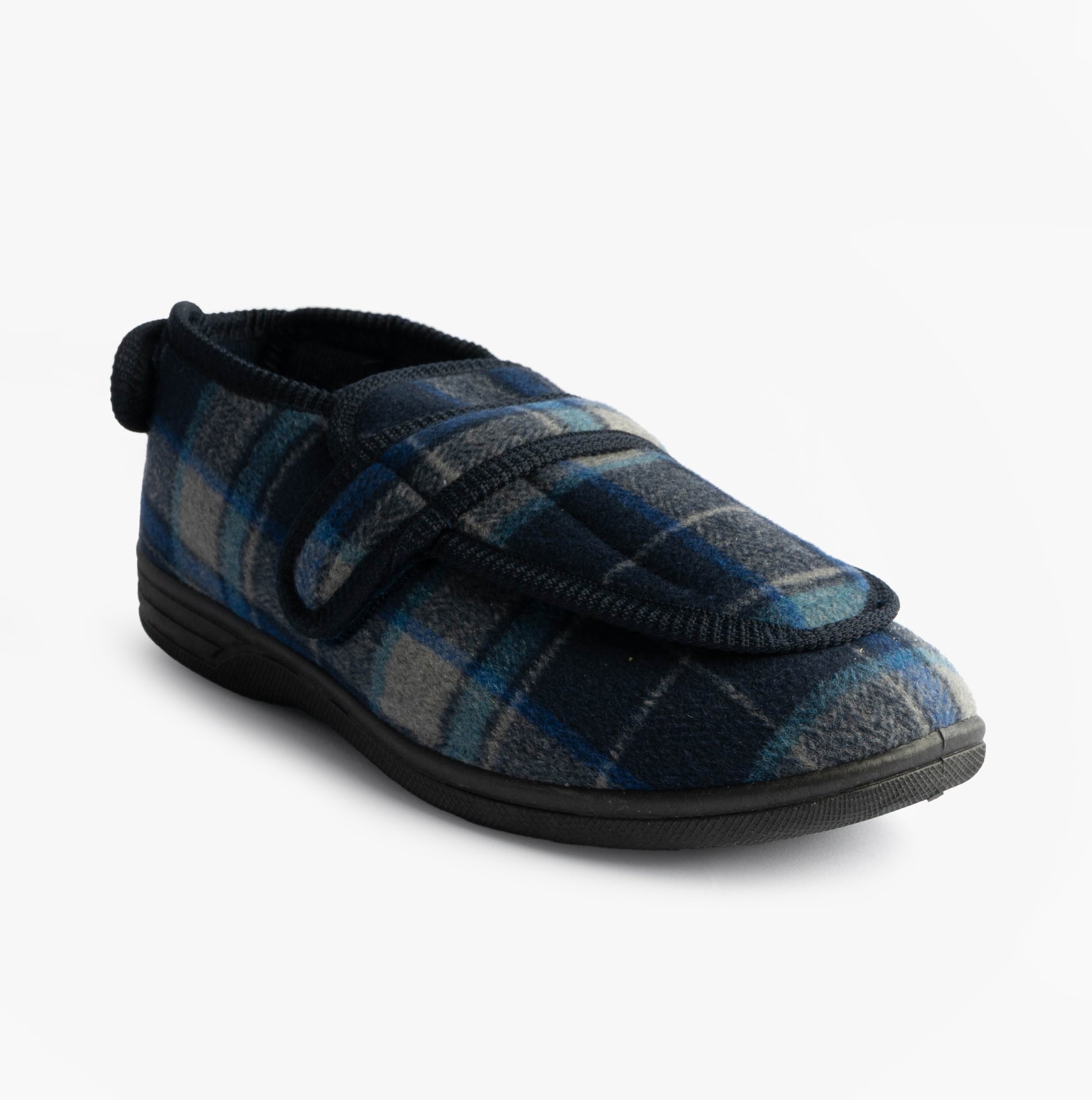 Zedzzz PETER Mens Touch Fasten/Velcro Slippers Navy Blue Check