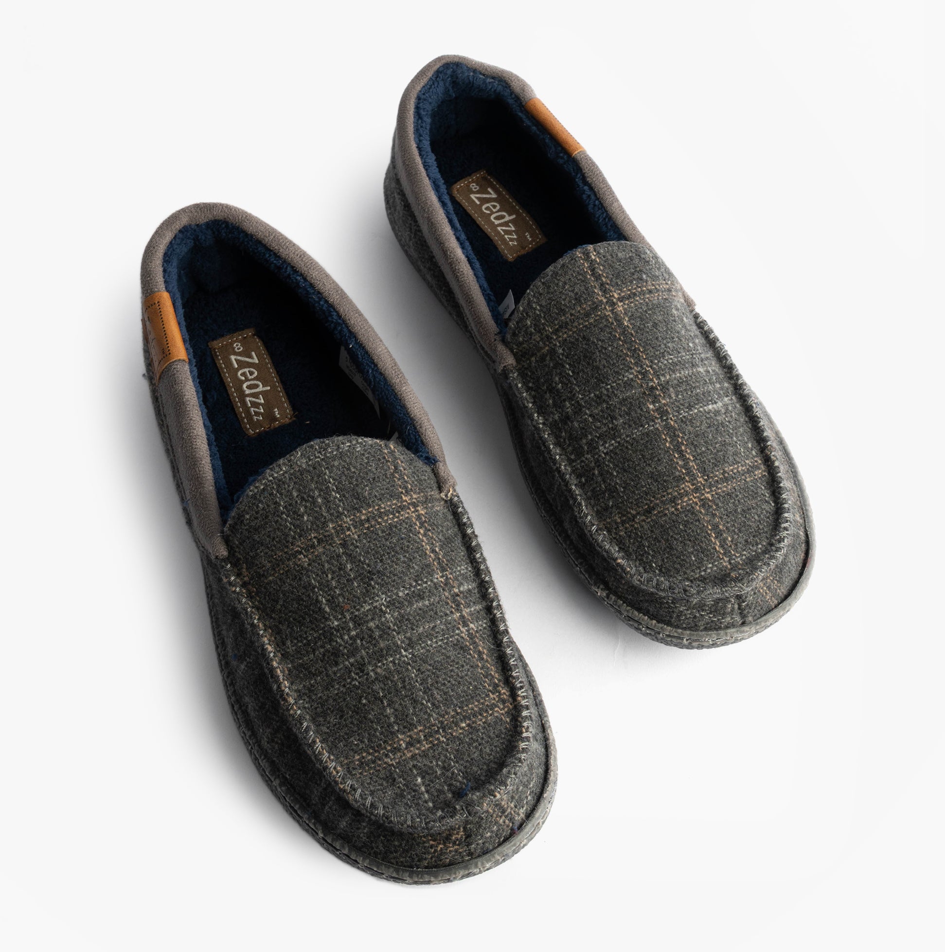 Zedzzz NEVILLE Mens Moccasins Slippers Grey top view of slippers with a textured upper and soft lining.
