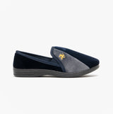 Zedzzz AARON Mens Full Slippers Navy/Grey side view showcasing fabric upper, slip-on design, and round toe shape.