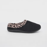 HOS Comfort CHERYL Womens Mule Slippers Leopard side view showcasing soft black fabric and leopard print lining.