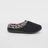 HOS Comfort CHERYL Womens Mule Slippers Leopard side view showcasing soft black fabric and leopard print lining.