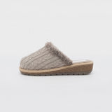 HOS Comfort MEGAN Womens Wool Mule Slippers Beige side view showing textile upper, warm lining, and flat sole.