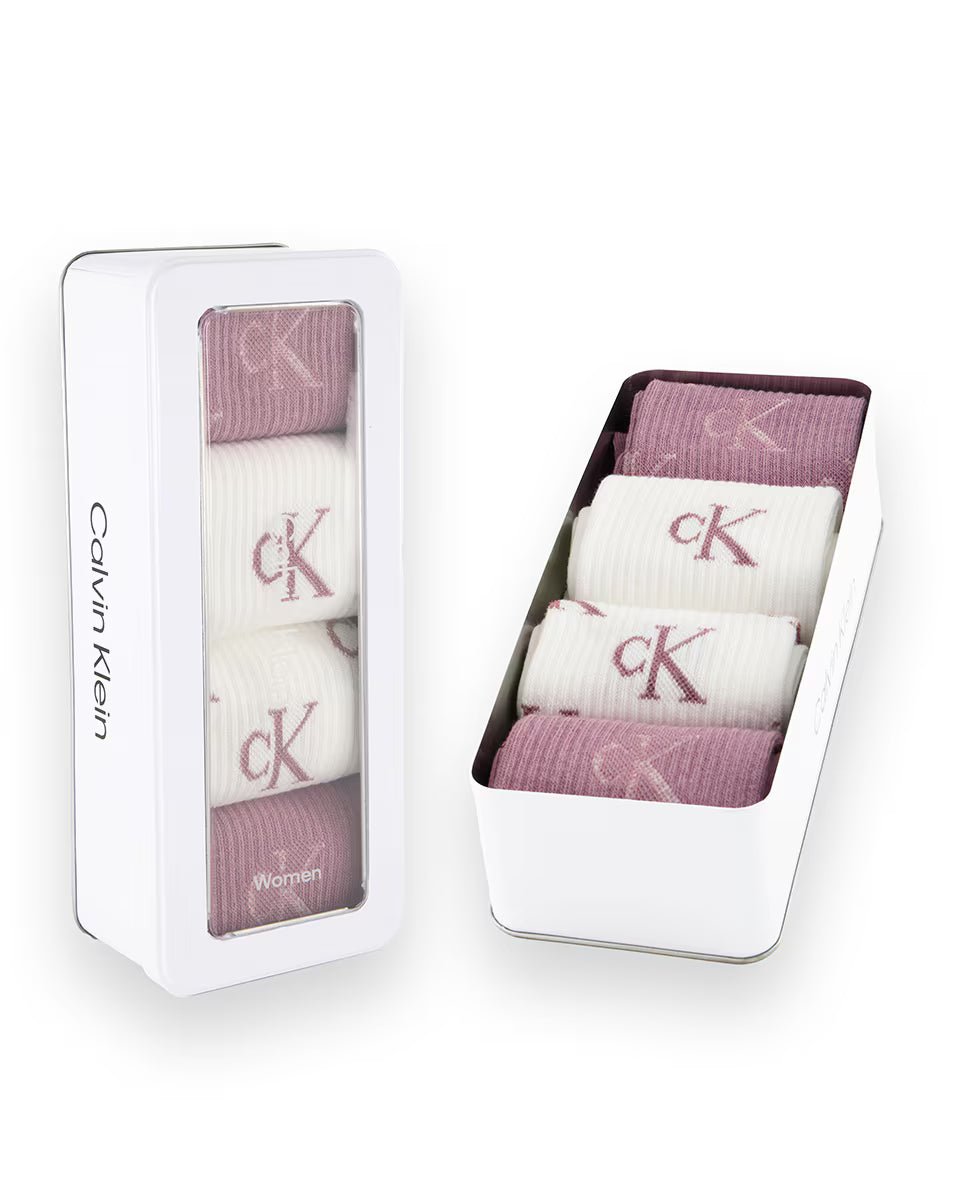 Calvin Klein 4 Pack Giftbox Lurex AOP Womens Crew Socks Vintage Plum/White