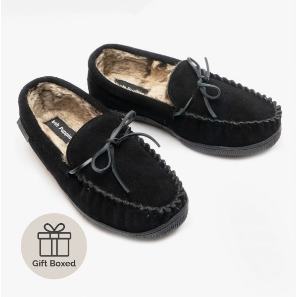 Hush Puppies ACE Mens Suede Moccasin Slippers Black | House Of Slippers